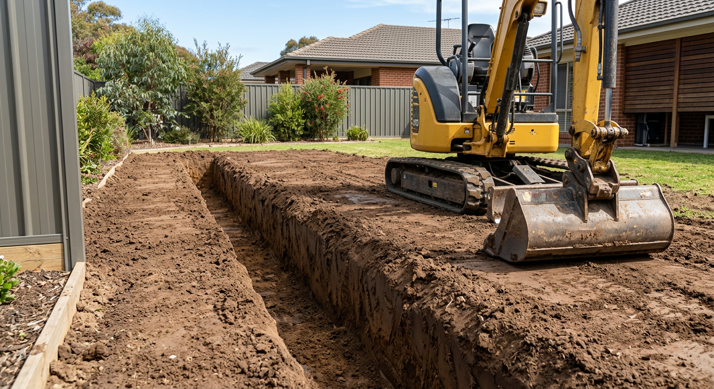 Freshly dug trench and levelled soil in a suburban backyard